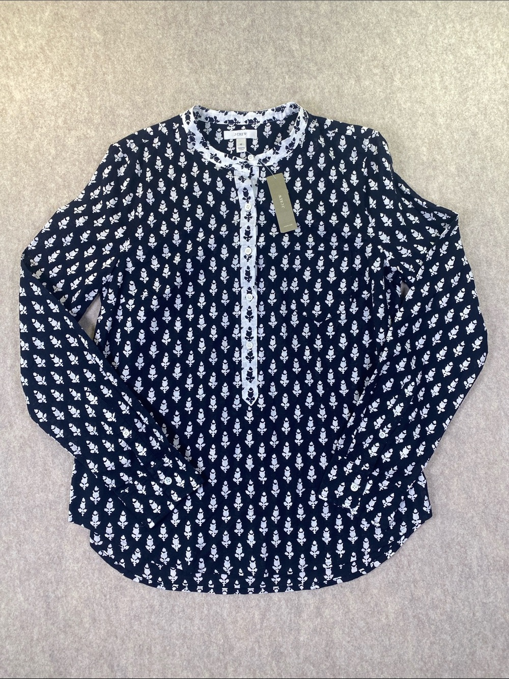 NWT J. Crew Navy and White Floral Tunic Cotton Blouse Size 10